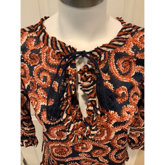 Tory Burch Blue & Orange Paisley Tunic w/Ruffle & Tassel Tie Neck Top, Size 0 - Picture 2 of 6